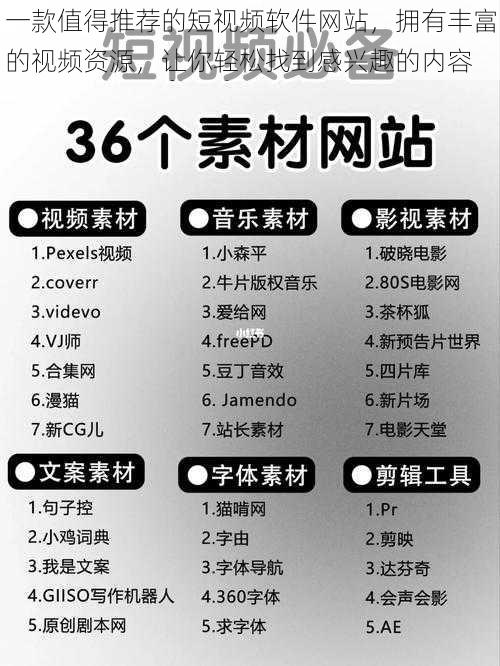 一款值得推荐的短视频软件网站,拥有丰富的视频资源,让你轻松找到感兴趣的内容